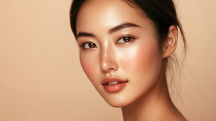 Fototapeta premium Young woman with natural makeup poses against a soft beige background.