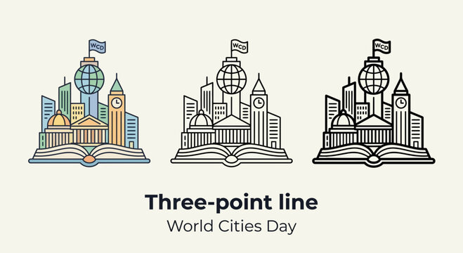World Cities Day concept: Open book with global cityscapes and flags