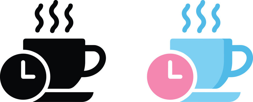 Coffee Break and Teatime Rest Icon Set with Clock and Steaming Hot Beverage Cup for Office Relaxation Workplace Well-being and Productivity Management