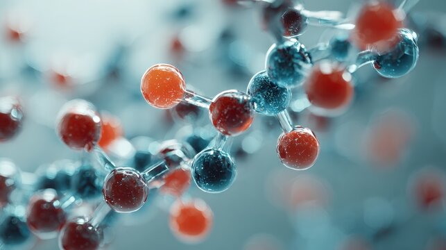 3D rendered molecular model with red and blue spheres