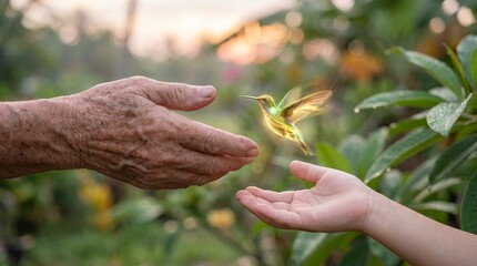 Fototapeta premium old hand glowing hummingbird blessing heritage future hope family wisdom garden setting with radiant bird conveys renewal fragile beauty and a caring elder sharing optimism with younger hands