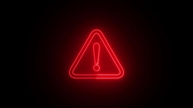 Glowing red neon triangle exclamation mark warning symbol on black background alert attention