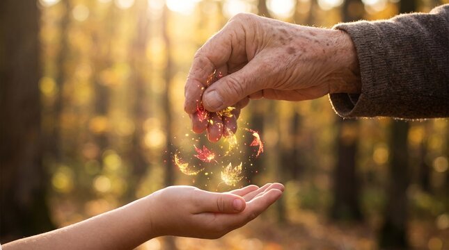 old hand glowing leaves seasons heritage wisdom family memory farewell forest light and glowing leaves create a poetic concept of seasonal change family memory and gentle farewell for legacy campaigns