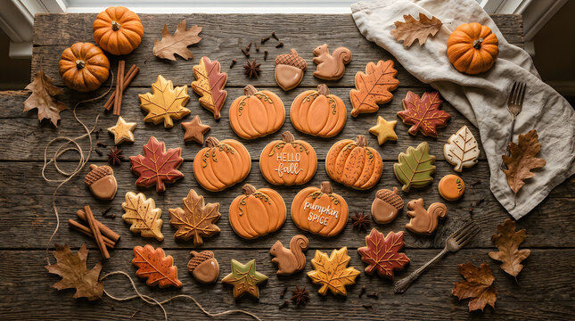 Autumn harvest, pumpkins, fall leaves, seasonal display, rustic table isolated on White Background Halloween