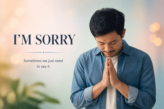 A man in a denim shirt is shown with his hands clasped in prayer or apology against a softly lit, blurred background.