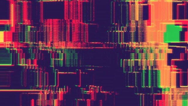 Red and orange pixel sorting glitch with digital noise and scanline distortion flickering on a seamless loop. Animated glitch texture suits cinematic retro video and album cover workflow.