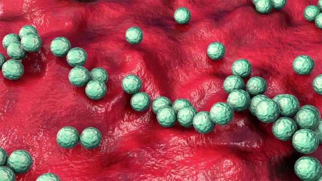 Streptococcus pyogenes bacterium, 3D animation showing spherical Gram-positive cocci arranged in chains, representing characteristic group A streptococcal morphology.