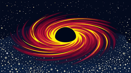 Black Hole with Glowing Accretion Disk in Deep Space, Flat Vector Illustration of Cosmic Phenomenon with Swirling Crimson and Yellow Energy, Starry Night Sky Background, Astronomy Science Concept © Arvianstudio