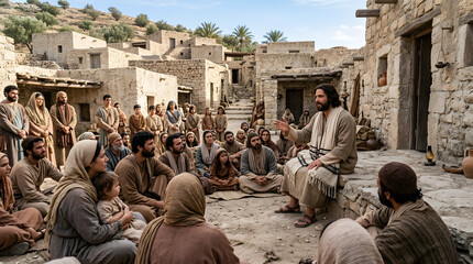 Obraz premium Jesus christ speaking to a group of people in a rustic stone village