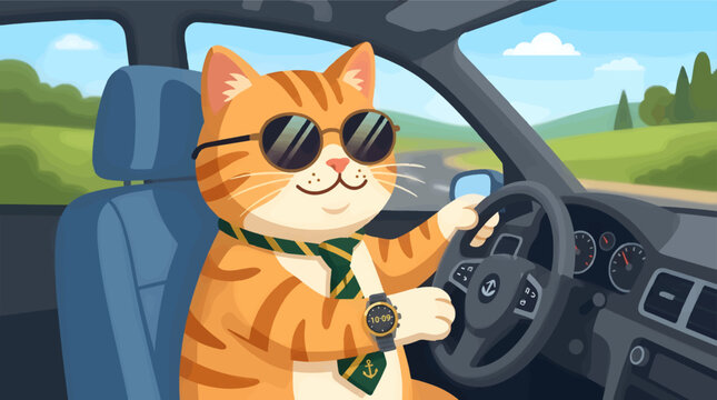 Cute Cartoon Tabby Cat Wearing Sunglasses and Smart Tie Driving a Car on a Sunny Day, Green Landscape Background, Flat Illustration Style