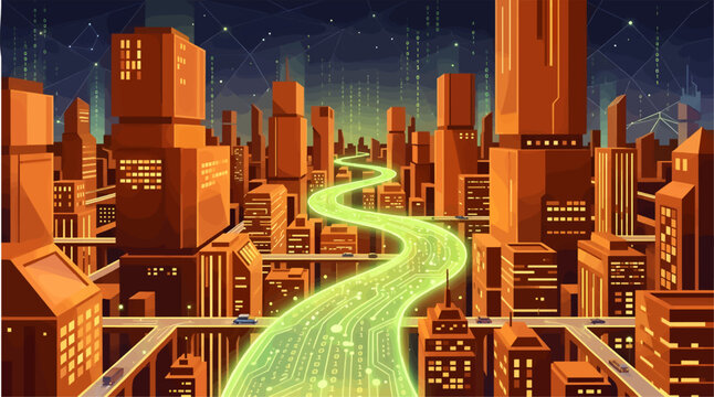 Digital Cityscape with Towering Rust Orange Alloy Cubes and Glowing Chartreuse Circuitry Highway, Futuristic Metropolis at Night with Binary Code Rain and Network Data Flow, Cyberpunk Urban Vector