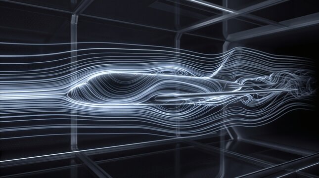 Abstract visualization of fluid dynamics simulation around a futuristic vehicle shape with glowing streamlines in a dark grid environment.