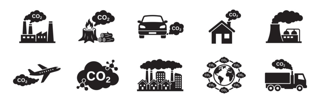 Carbon dioxide emissions icon set. Industrial CO2 factory pollution, car and airplane exhaust gas, global warming and deforesting bonfire. Vector illustration.