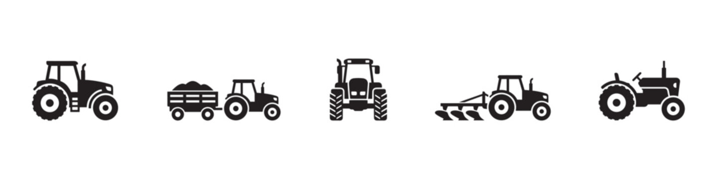 Agricultural tractor icon set. Heavy farm machinery with trailer, plowing soil, front view and retro vintage tractor. Vector illustration.