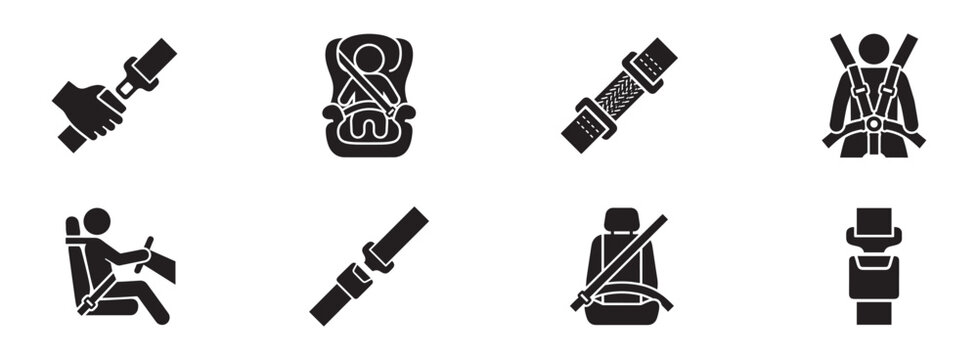 Car seat belt icon set. Fastening buckle, child safety seat, safety harness straps, driving person with belt, automobile interior safety equipment. Vector illustration.