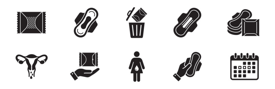 Feminine hygiene and menstruation icon set. Sanitary pad package, menstrual towel, bin disposal, uterus anatomy, female body drop, hand holding napkin, calendar period tracking. Vector illustration.