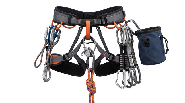 Climbing Harness With Carabiners Rope And Chalk Bag For Outdoor Adventure Sports PNG Isolated on transparent background