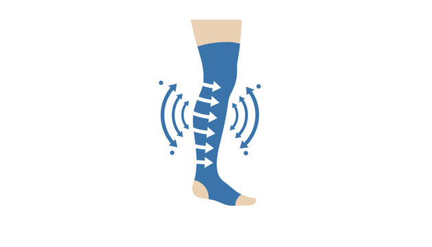 Leg wearing a blue medical compression stocking with directional arrows indicating pressure or healthy blood flow.