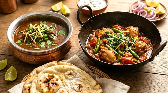 Spicy Chicken Curry with Naan Bread and Traditional Side Dishes