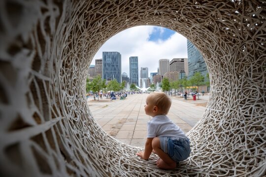 Child explores urban park through art installation in downtown city