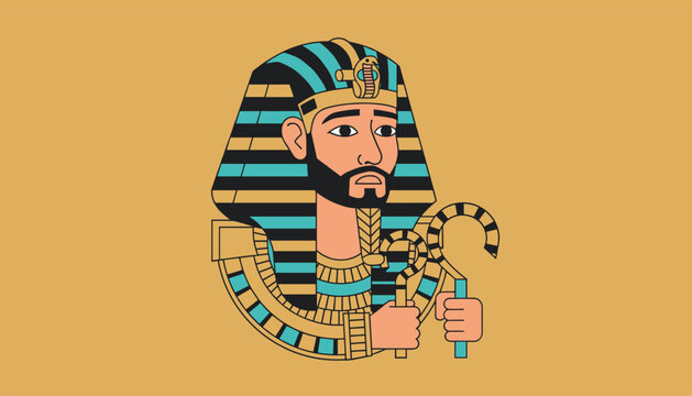 Portrait of an ancient Egyptian pharaoh holding traditional crook and flail scepter symbols of power on gold.
