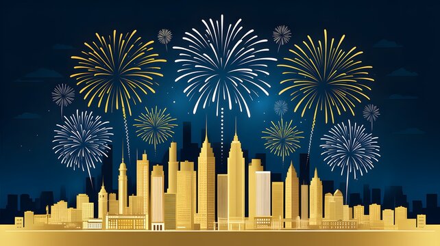 Fireworks Display Over City Skyline at Night with Palm Trees Silhouette