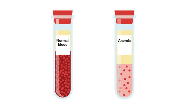 Comparison of two medical test tubes illustrating the difference in red blood cell count between normal blood and anemia.