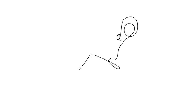 Animated self drawing of continuous line draw of Woman relaxing, minimalist illustration, beach scene.     Full length one line animation. 4K	