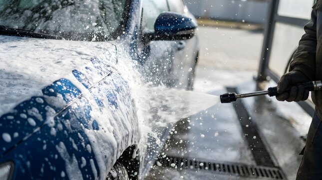 Manual Car Wash with White Soap Foam and High Pressure Water Spray. Professional Auto Cleaning and Vehicle Detailing Service