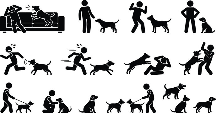 Dog Behavior and Obedience Training Stick Figure Silhouette Vector Collection Featuring Aggressive Biting Barking Chase Scared Human Interactions and Good Pet Discipline Manners