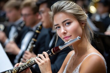 Fototapeta premium Young musician performs with clarinet in orchestral concert setting at evening event