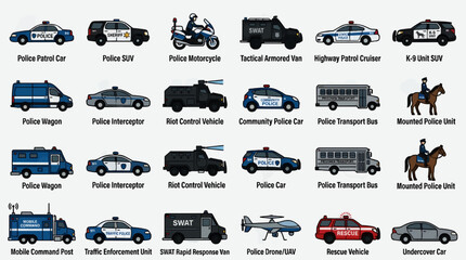 Flat Vector Illustration Icon Set of Law Enforcement Vehicles, Including Police Cars, SUV, Motorcycle, SWAT Van, Drone, and Mounted Unit, on a Light Gray Background © Luffi