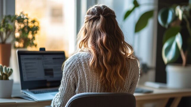 Person works on a laptop at a desk by a sunlit window.