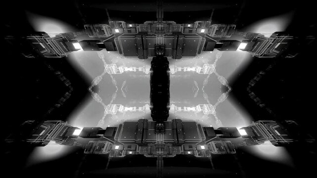 Abstract monochromatic futuristic spaceship interior with symmetrical geometric patterns and cinematic lighting effects in dark space