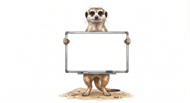 Watercolor illustration of a cute meerkat holding a blank whiteboard for copy space, hand-drawn animal vector graphic on a clean white background