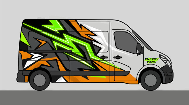 Flat Vector Illustration of a White Van with Dynamic Abstract Graphic Wrap in Neon Green, Orange, and Black, Featuring Lightning Bolt Shapes and "Energy Vans" Logo, Side View