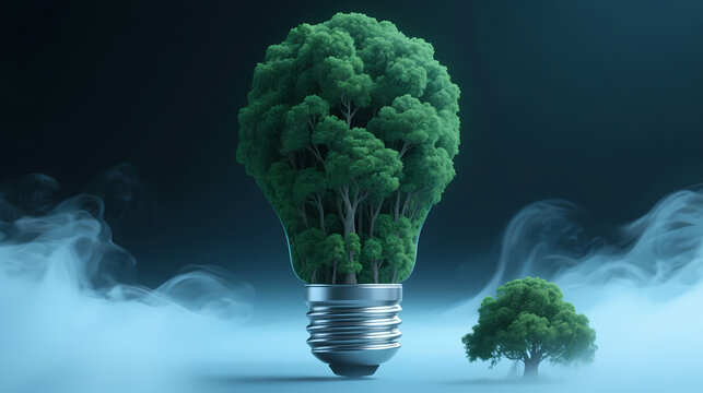 Green tree light bulb in misty night