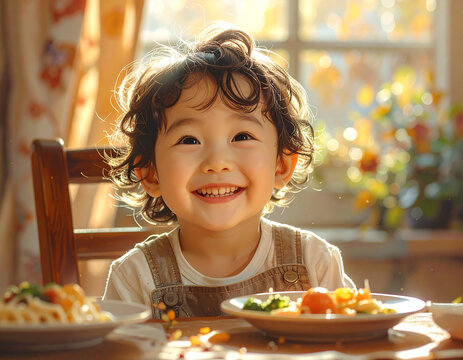 Happy child eating a healthy meal natural light