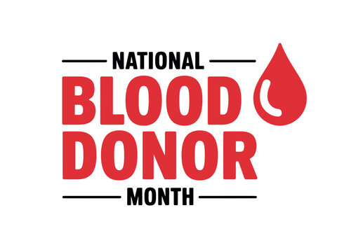 National blood donor month typographic signage with a red droplet icon on white background
