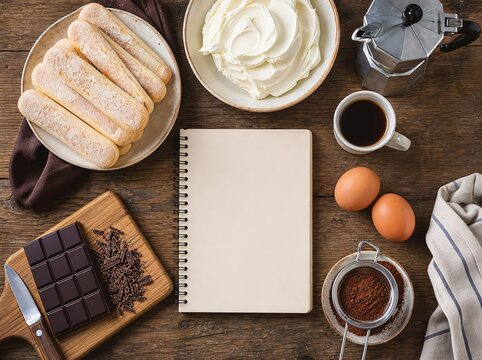 Flat lay of tiramisu ingredients with a blank notebook on a rustic wooden table