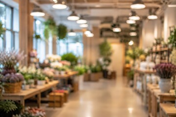 Obraz premium blurred flower shop interior florist retail store boutique plant nursery garden center floral shop abstract background bokeh lighting indoor