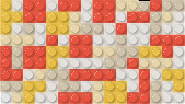 Toy building blocks transition covering screen from edges to center then revealing, orange and yellow plastic bricks wipe for kids video, game or education,