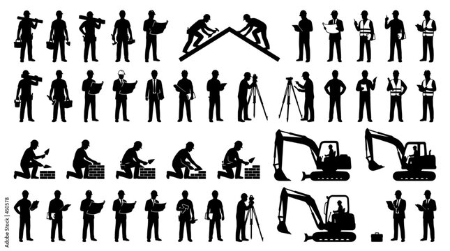 A collection of silhouettes depicting construction workers performing various tasks.