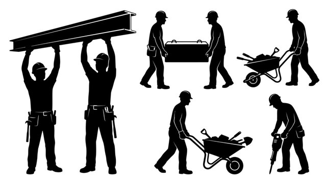  Silhouettes depict various construction workers performing heavy labor tasks on a white background..