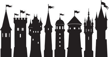 Collection of Medieval Castle Towers and Fortress Turrets Silhouette Icons Vector Illustration © Smith
