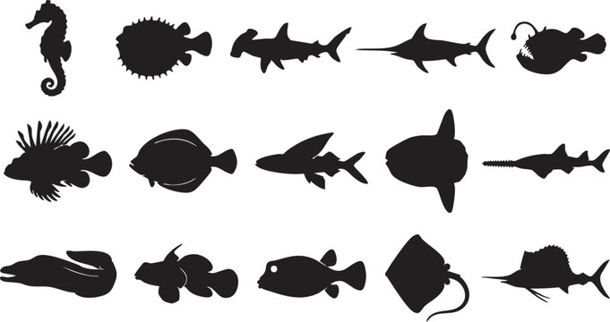 Collection of marine life and exotic sea creatures black silhouettes vector icons isolated on white background