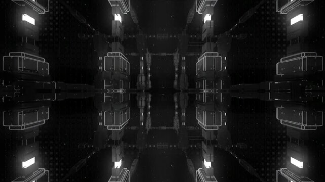 Abstract digital corridor in monochrome, featuring glowing geometric structures and reflective surfaces creating an infinite tunnel of futuristic technology and data flow