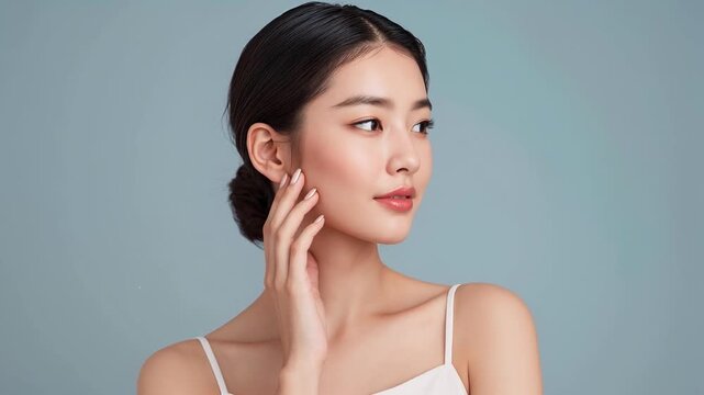 Asian woman looking aside with natural glow and skincare look video beauty face portrait makeup young video