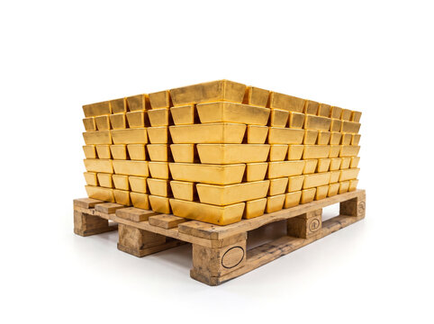 Gold bullions stacked on Euro pallet, isolated on white background. AI generated.
