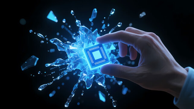 Hand holding glowing blue chip with water splashes